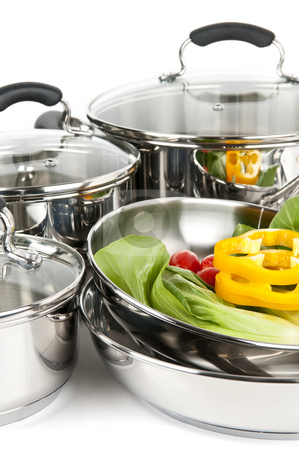 To use this stock image in your creative project, please select the size you need over to the right and click the "Add to Cart" button.
Your downloaded image will come with the Cutcaster watermark removed so don’t worry about the watermark you see on this page. Stainless steel pots and pans with vegetables stock photo, Stainless steel pots and pans isolated on white background with vegetables by Elena Elisseeva