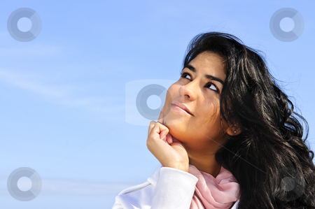 To use this stock image in your creative project, please select the size you need over to the right and click the "Add to Cart" button.
Your downloaded image will come with the Cutcaster watermark removed so don’t worry about the watermark you see on this page. Beautiful young woman looking up stock photo, Portrait of beautiful smiling girl looking up by Elena Elisseeva