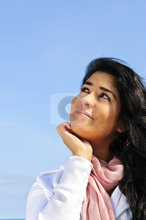 To use this stock image in your creative project, please select the size you need over to the right and click the "Add to Cart" button.
Your downloaded image will come with the Cutcaster watermark removed so don’t worry about the watermark you see on this page. Beautiful young woman stock photo, Portrait of beautiful smiling girl looking up by Elena Elisseeva