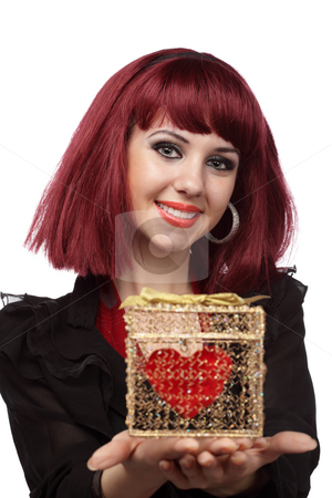 To use this stock image in your creative project, please select the size you need over to the right and click the "Add to Cart" button.
Your downloaded image will come with the Cutcaster watermark removed so don’t worry about the watermark you see on this page. Beautiful woman with heart packed in a golden gift box stock photo, Beautiful woman smiling with heart packed in a golden gift box in her hand.Shallow DOF,focus on the face. by Ivelin Radkov