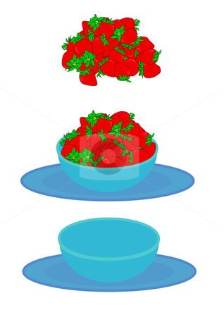To use this stock image in your creative project, please select the size you need over to the right and click the "Add to Cart" button.
Your downloaded image will come with the Cutcaster watermark removed so don’t worry about the watermark you see on this page. Bowl of Strawberries stock vector clipart, Vector illustration of a large serving of red ripe strawberries with green tops, a blue bowl and plate set, and a combination of both. by Robert Gebbie