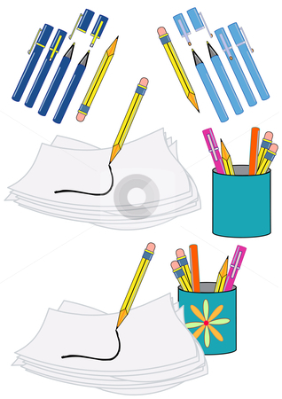 To use this stock image in your creative project, please select the size you need over to the right and click the "Add to Cart" button.
Your downloaded image will come with the Cutcaster watermark removed so don’t worry about the watermark you see on this page. Pens, Pencils and Paper stock vector clipart, Vector Illustration of writing instruments, paper, and a scribble. by Robert Gebbie