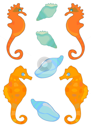 To use this stock image in your creative project, please select the size you need over to the right and click the "Add to Cart" button.
Your downloaded image will come with the Cutcaster watermark removed so don’t worry about the watermark you see on this page. Shells and SeaHorses stock vector clipart, Vector Illustration of sea horses and conch shells in bright colors. by Robert Gebbie
