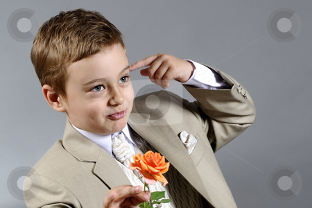To use this stock image in your creative project, please select the size you need over to the right and click the "Add to Cart" button.
Your downloaded image will come with the Cutcaster watermark removed so don’t worry about the watermark you see on this page. Boy and flower stock photo, Portrait of elegant boy preparing to offer an orange rose by Dragos Iliescu