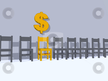 To use this stock image in your creative project, please select the size you need over to the right and click the "Add to Cart" button.
Your downloaded image will come with the Cutcaster watermark removed so don’t worry about the watermark you see on this page. Dollar stock photo, Row of chairs, one in yellow and dollar sign - 3d illustration by J?