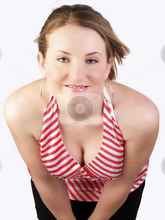 To use this stock image in your creative project, please select the size you need over to the right and click the "Add to Cart" button.
Your downloaded image will come with the Cutcaster watermark removed so don’t worry about the watermark you see on this page. Young blond woman in red and white top cleavage stock photo, Young caucasian woman in low-cut blouse showing cleavage by Jeff Cleveland