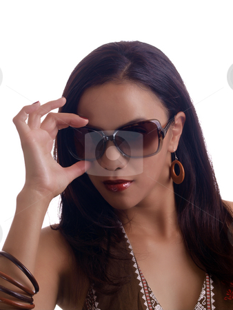 To use this stock image in your creative project, please select the size you need over to the right and click the "Add to Cart" button.
Your downloaded image will come with the Cutcaster watermark removed so don’t worry about the watermark you see on this page. Young hispanic woman hand on sunglasses portrait stock photo, Young latina woman with hand on sunglasses portrait by Jeff Cleveland