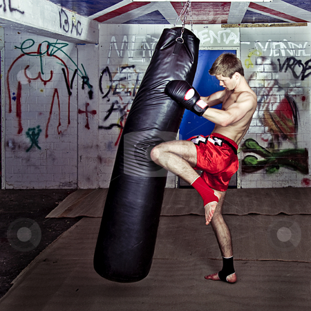 To use this stock image in your creative project, please select the size you need over to the right and click the "Add to Cart" button.
Your downloaded image will come with the Cutcaster watermark removed so don’t worry about the watermark you see on this page. Knee kick stock photo, Athletic muay thai boxer giving a forceful knee kick during a training with a boxing bag by Corepics VOF