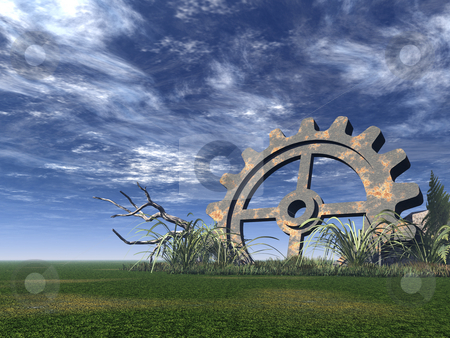 To use this stock image in your creative project, please select the size you need over to the right and click the "Add to Cart" button.
Your downloaded image will come with the Cutcaster watermark removed so don’t worry about the watermark you see on this page. Gear stock photo, Rusty gear on a green field - 3d illustration by J?