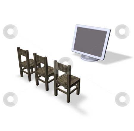 To use this stock image in your creative project, please select the size you need over to the right and click the "Add to Cart" button.
Your downloaded image will come with the Cutcaster watermark removed so don’t worry about the watermark you see on this page. Presentation stock photo, Three chairs and a computer monitor by J?