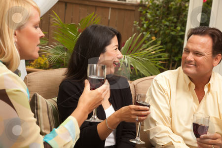 To use this stock image in your creative project, please select the size you need over to the right and click the "Add to Cart" button.
Your downloaded image will come with the Cutcaster watermark removed so don’t worry about the watermark you see on this page. Three Friends Enjoying Wine on the Patio stock photo, Three Friends Enjoying Wine on an Outdoor Patio. by Andy Dean