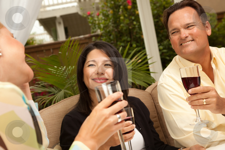 To use this stock image in your creative project, please select the size you need over to the right and click the "Add to Cart" button.
Your downloaded image will come with the Cutcaster watermark removed so don’t worry about the watermark you see on this page. Three Friends Enjoying Wine on the Patio stock photo, Three Friends Enjoying Wine on an Outdoor Patio. by Andy Dean