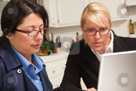 To use this stock image in your creative project, please select the size you need over to the right and click the "Add to Cart" button.
Your downloaded image will come with the Cutcaster watermark removed so don’t worry about the watermark you see on this page. Businesswomen Working on the Laptop stock photo, Businesswomen Working on the Laptop Together in the Kitchen. by Andy Dean