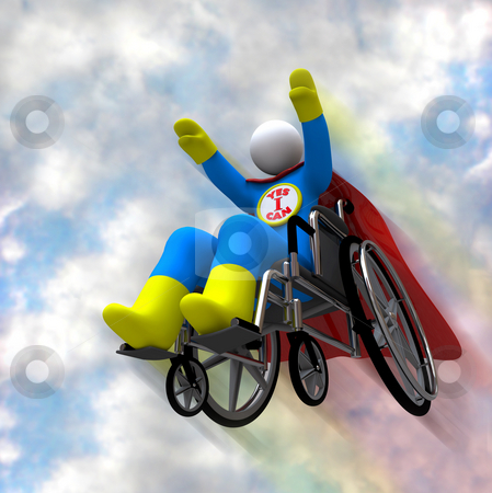 To use this stock image in your creative project, please select the size you need over to the right and click the "Add to Cart" button.
Your downloaded image will come with the Cutcaster watermark removed so don’t worry about the watermark you see on this page. Wheelchair Superhero in Flight stock photo, A person in a wheelchair takes to the sky - his emblem reads Yes I Can by Chris Lamphear