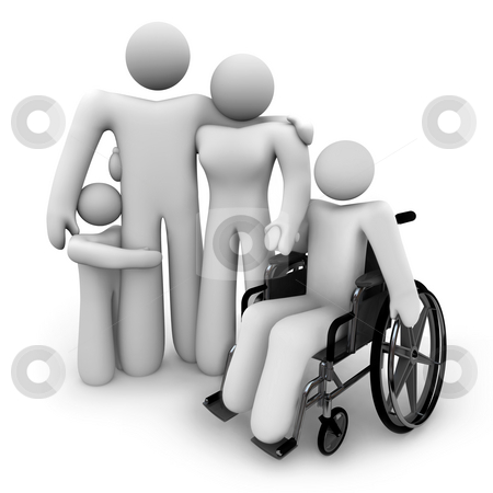 To use this stock image in your creative project, please select the size you need over to the right and click the "Add to Cart" button.
Your downloaded image will come with the Cutcaster watermark removed so don’t worry about the watermark you see on this page. Family Together - Parents and Kids, Wheelchair stock photo, A family of four people stands together holding hands: mother, father and two children, one in a wheelchair by Chris Lamphear