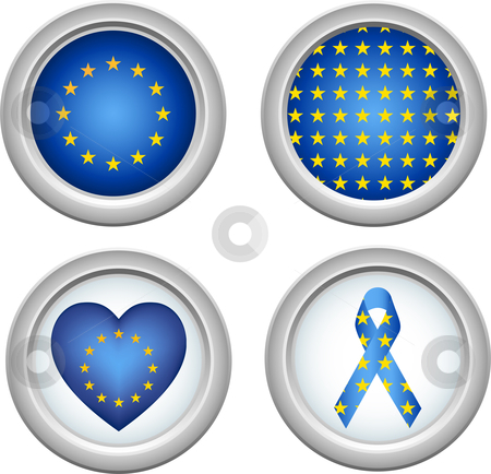 To use this stock image in your creative project, please select the size you need over to the right and click the "Add to Cart" button.
Your downloaded image will come with the Cutcaster watermark removed so don’t worry about the watermark you see on this page. Europe Buttons stock vector clipart, European Union Buttons with heart, flag and ribbon by Augusto Cabral Graphiste Rennes