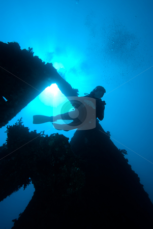 To use this stock image in your creative project, please select the size you need over to the right and click the "Add to Cart" button.
Your downloaded image will come with the Cutcaster watermark removed so don’t worry about the watermark you see on this page. Underneath view of a diver passing through the stern section of stock photo, Rudder section of the shipwreck Dunraven and diver silhouetted by the sun. Red Sea, Egypt. by Mark Doherty