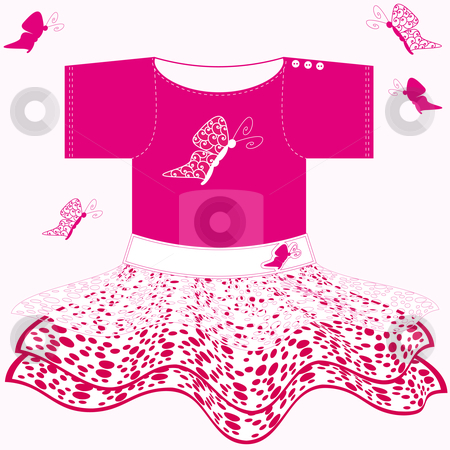 To use this stock image in your creative project, please select the size you need over to the right and click the "Add to Cart" button.
Your downloaded image will come with the Cutcaster watermark removed so don’t worry about the watermark you see on this page. Baby girl dress stock vector clipart, Sweet pink baby dress with white lace and butterflies by Karin Claus
