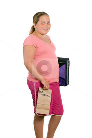 To use this stock image in your creative project, please select the size you need over to the right and click the "Add to Cart" button.
Your downloaded image will come with the Cutcaster watermark removed so don’t worry about the watermark you see on this page. School Girl stock photo, A preteen is holding her school binder and a brown paper lunch bag and is off to school, isolated against a white background - artificial name on the lunchbag by Richard Nelson