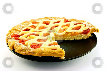 To use this stock image in your creative project, please select the size you need over to the right and click the "Add to Cart" button.
Your downloaded image will come with the Cutcaster watermark removed so don’t worry about the watermark you see on this page. Apple and Strawberry Pie with a Slice Missing stock photo, Whole apple and strawberry pie on a black plate with a slice missing on a white background by Keith Wilson