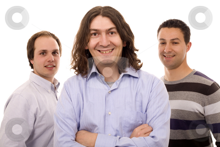 To use this stock image in your creative project, please select the size you need over to the right and click the "Add to Cart" button.
Your downloaded image will come with the Cutcaster watermark removed so don’t worry about the watermark you see on this page. Three men stock photo, Three casual men white isolate by Marc Torrell