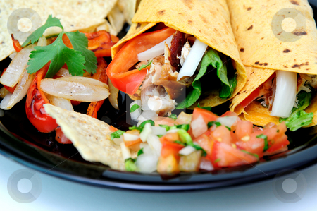 To use this stock image in your creative project, please select the size you need over to the right and click the "Add to Cart" button.
Your downloaded image will come with the Cutcaster watermark removed so don’t worry about the watermark you see on this page. Grilled Chicken And Veggie Wraps stock photo, Grilled teriyaki chicken, red bell pepper, white onion, cilantro and romain lettuce are used to fill the tomato and basil wraps with grilled veggies and fresh tomato salsa and chips on the plate by Lynn Bendickson
