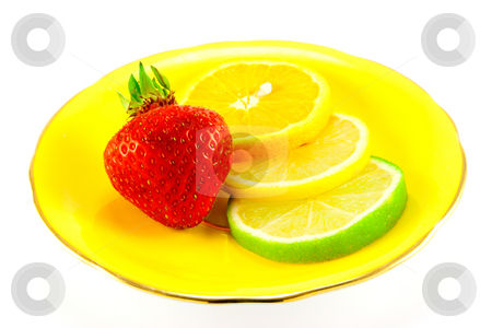 To use this stock image in your creative project, please select the size you need over to the right and click the "Add to Cart" button.
Your downloaded image will come with the Cutcaster watermark removed so don’t worry about the watermark you see on this page. Citrus Fruit and Strawberry stock photo, Slice of lemon, lime and orange with a red juicy strawberry on a fancy yellow plate with a white background by Keith Wilson