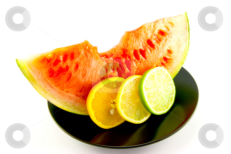 To use this stock image in your creative project, please select the size you need over to the right and click the "Add to Cart" button.
Your downloaded image will come with the Cutcaster watermark removed so don’t worry about the watermark you see on this page. Watermelon with Slice of Lemon, Lime and Orange stock photo, Slice of red juicy watermelon with a slice of lemon, lime and orange on a black plate with a white background by Keith Wilson