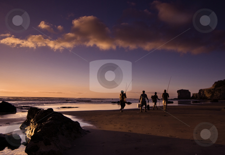 To use this stock image in your creative project, please select the size you need over to the right and click the "Add to Cart" button.
Your downloaded image will come with the Cutcaster watermark removed so don’t worry about the watermark you see on this page. Homeward bound stock photo, Maori Bay Near Auckland: 4 fisherman with the days rewards homeward bound at the end of a day of surf casting by Robin Ducker