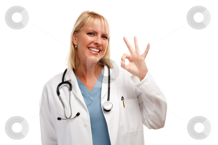 To use this stock image in your creative project, please select the size you need over to the right and click the "Add to Cart" button.
Your downloaded image will come with the Cutcaster watermark removed so don’t worry about the watermark you see on this page. Friendly Female Blonde Doctor stock photo, Friendly Female Blonde Doctor or Nurse with Okay Sign Isolated on a White Background. by Andy Dean