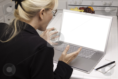 To use this stock image in your creative project, please select the size you need over to the right and click the "Add to Cart" button.
Your downloaded image will come with the Cutcaster watermark removed so don’t worry about the watermark you see on this page. Excited Woman In Kitchen Using Laptop with Blank Screen stock photo, Woman Sitting In Kitchen Using Laptop with Blank Screen. Screen can be easily used for your own message or picture using the included clipping path. by Andy Dean