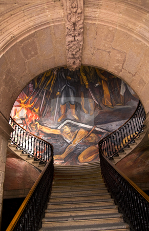 To use this stock image in your creative project, please select the size you need over to the right and click the "Add to Cart" button.
Your downloaded image will come with the Cutcaster watermark removed so don’t worry about the watermark you see on this page. Stairs Mural of La Pipila Government Palace Morelia Mexico stock photo, Stairs in Government Palace Morelia Mexico. Facing Mural by Alfredo Zalce of War of Independence in Mexico when Mexican Peasant, later known as the Turtle, La Pipila, braved Spanish gunfire to blow up Fort by William Perry