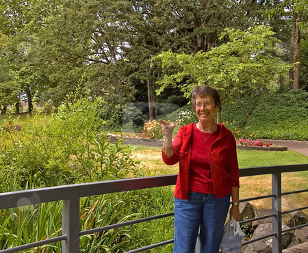 To use this stock image in your creative project, please select the size you need over to the right and click the "Add to Cart" button.
Your downloaded image will come with the Cutcaster watermark removed so don’t worry about the watermark you see on this page. Elderly Woman Pointing Finger With Smile stock photo, This elderly woman is outdoors in a park on a bridge and pointing her finger with a smile on her face in a captivating look. by Valerie Garner