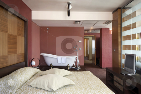 To use this stock image in your creative project, please select the size you need over to the right and click the "Add to Cart" button.
Your downloaded image will come with the Cutcaster watermark removed so don’t worry about the watermark you see on this page. Bedroom With Bathtub stock photo, Bedroom with bathtub modern interior by Desislava Draganova