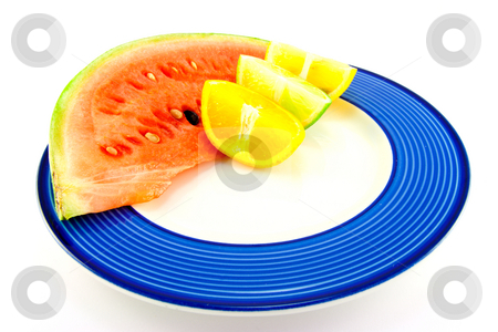 To use this stock image in your creative project, please select the size you need over to the right and click the "Add to Cart" button.
Your downloaded image will come with the Cutcaster watermark removed so don’t worry about the watermark you see on this page. Watermelon with Citrus Wedges stock photo, Slice of red juicy watermelon with a lemon, lime and orange wedge on a blue plate with a white background by Keith Wilson