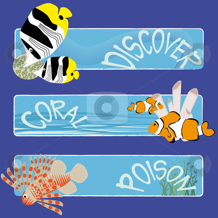 To use this stock image in your creative project, please select the size you need over to the right and click the "Add to Cart" button.
Your downloaded image will come with the Cutcaster watermark removed so don’t worry about the watermark you see on this page. Fish banners 3 stock vector clipart, Three tropical fish banners no text indicate sea world creatures by Karin Claus