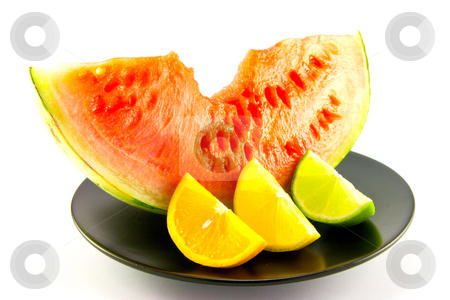 To use this stock image in your creative project, please select the size you need over to the right and click the "Add to Cart" button.
Your downloaded image will come with the Cutcaster watermark removed so don’t worry about the watermark you see on this page. Watermelon with Wedge of Lemon, Lime and Orange stock photo, Slice of red juicy watermelon with a wedge of lemon, lime and orange on a black plate with a white background by Keith Wilson