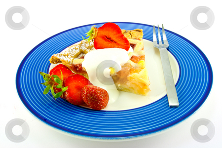 To use this stock image in your creative project, please select the size you need over to the right and click the "Add to Cart" button.
Your downloaded image will come with the Cutcaster watermark removed so don’t worry about the watermark you see on this page. Pie with Strawberries and Cream stock photo, Slice of apple and strawberry pie with strawberries, cream and a fork on a blue plate with a white background by Keith Wilson