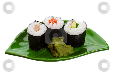 To use this stock image in your creative project, please select the size you need over to the right and click the "Add to Cart" button.
Your downloaded image will come with the Cutcaster watermark removed so don’t worry about the watermark you see on this page. Sushi on a Leaf stock photo, Three kinds of sushi on a leaf shaped plate. Shot on white background. by Brenda Carson