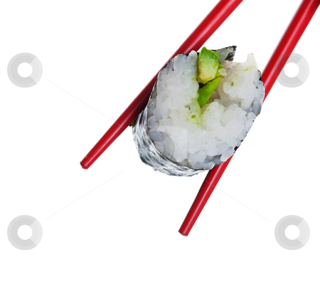 To use this stock image in your creative project, please select the size you need over to the right and click the "Add to Cart" button.
Your downloaded image will come with the Cutcaster watermark removed so don’t worry about the watermark you see on this page. Avocado Sushi Roll stock photo, Red chopsticks holding a fresh avocado sushi roll. Shot on White Background. by Brenda Carson