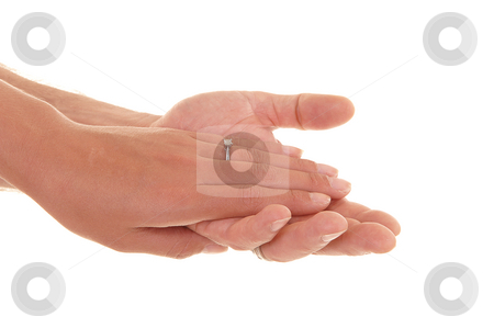 To use this stock image in your creative project, please select the size you need over to the right and click the "Add to Cart" button.
Your downloaded image will come with the Cutcaster watermark removed so don’t worry about the watermark you see on this page. Hands of man and woman. stock photo, The hand of a woman is lying in the hand of an man and she shoos
her nice engagement ring, for white background. by Horst Petzold