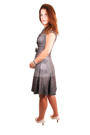 To use this stock image in your creative project, please select the size you need over to the right and click the "Add to Cart" button.
Your downloaded image will come with the Cutcaster watermark removed so don’t worry about the watermark you see on this page. Pretty girl in gray dress. stock photo, Young lovely girl in a gray dress looking back over her shoulder,
standing in the studio for white background. by Horst Petzold
