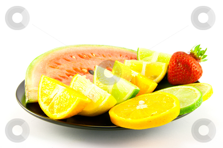 To use this stock image in your creative project, please select the size you need over to the right and click the "Add to Cart" button.
Your downloaded image will come with the Cutcaster watermark removed so don’t worry about the watermark you see on this page. Watermelon with Citrus Wedges, Slices and Strawberry stock photo, Slice of juicy red watermelon with lemon, lime and orange wedges and slices and single red strawberry on a black plate with a white background by Keith Wilson