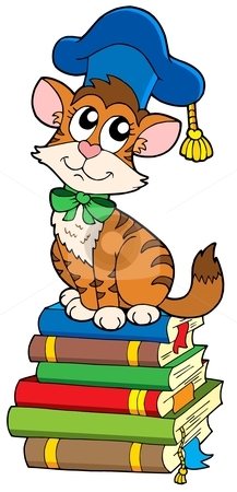To use this stock image in your creative project, please select the size you need over to the right and click the "Add to Cart" button.
Your downloaded image will come with the Cutcaster watermark removed so don’t worry about the watermark you see on this page. Cat teacher on pile of books stock vector clipart, Cat teacher on pile of books - vector illustration. by Klara Viskova