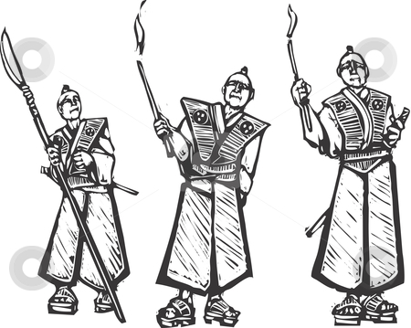 To use this stock image in your creative project, please select the size you need over to the right and click the "Add to Cart" button.
Your downloaded image will come with the Cutcaster watermark removed so don’t worry about the watermark you see on this page. Three samurai stock vector clipart, Three samurai holding torches keep watch on their castle. by Jeffrey Thompson