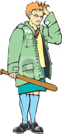 To use this stock image in your creative project, please select the size you need over to the right and click the "Add to Cart" button.
Your downloaded image will come with the Cutcaster watermark removed so don’t worry about the watermark you see on this page. Mod Girl stock vector clipart, Mod girl with a baseball bat looks embarrassed. by Jeffrey Thompson