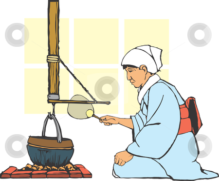 To use this stock image in your creative project, please select the size you need over to the right and click the "Add to Cart" button.
Your downloaded image will come with the Cutcaster watermark removed so don’t worry about the watermark you see on this page. Traditional Japanese Hearth stock vector clipart, Traditional japanese farm hearth being tended by a woman in culturally correct costume. by Jeffrey Thompson