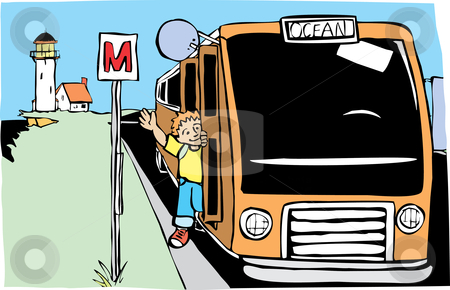 To use this stock image in your creative project, please select the size you need over to the right and click the "Add to Cart" button.
Your downloaded image will come with the Cutcaster watermark removed so don’t worry about the watermark you see on this page. Bus to the Ocean stock vector clipart, Boy getting off bus at a stop by the ocean. by Jeffrey Thompson