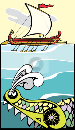 To use this stock image in your creative project, please select the size you need over to the right and click the "Add to Cart" button.
Your downloaded image will come with the Cutcaster watermark removed so don’t worry about the watermark you see on this page. Greek Ship and Sea Monster stock vector clipart, Greek ship being threatened by a sea monster. by Jeffrey Thompson