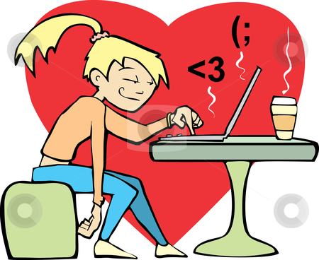 To use this stock image in your creative project, please select the size you need over to the right and click the "Add to Cart" button.
Your downloaded image will come with the Cutcaster watermark removed so don’t worry about the watermark you see on this page. Woman flirting at computer. stock vector clipart, A woman in a coffee shop flirts with an online lover. by Jeffrey Thompson